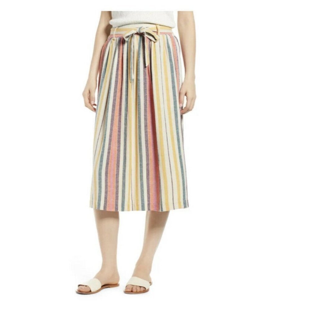 BP Womens A Line‎ Skirt Beige Yellow Stripe Midi Po